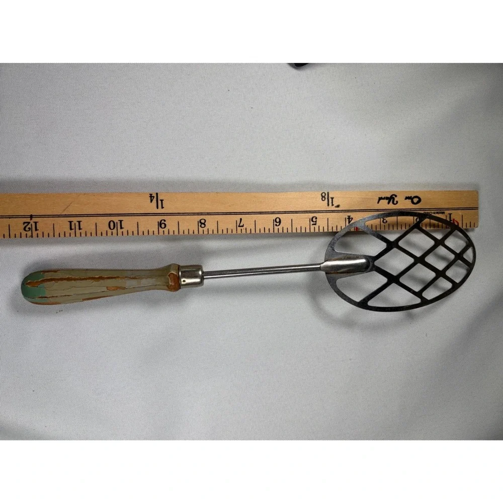 Vintage A & J Stainless Steel Potato Masher Wood Handle Wire Masher Farmhouse